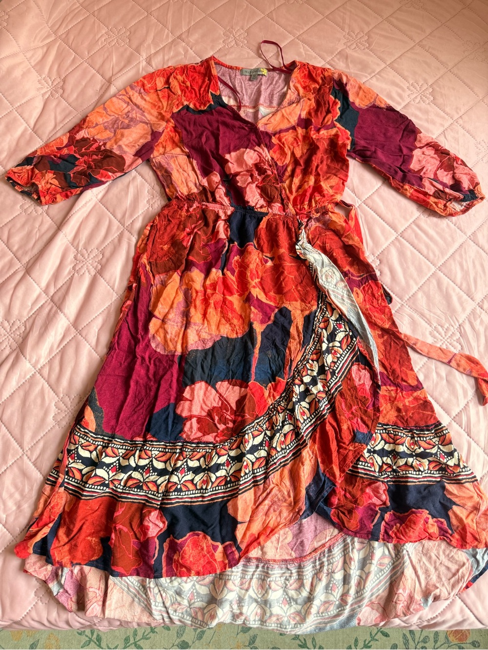 Figleaves Floral Wrap Maxi Dress Women’s M Red Orange Boho Festival